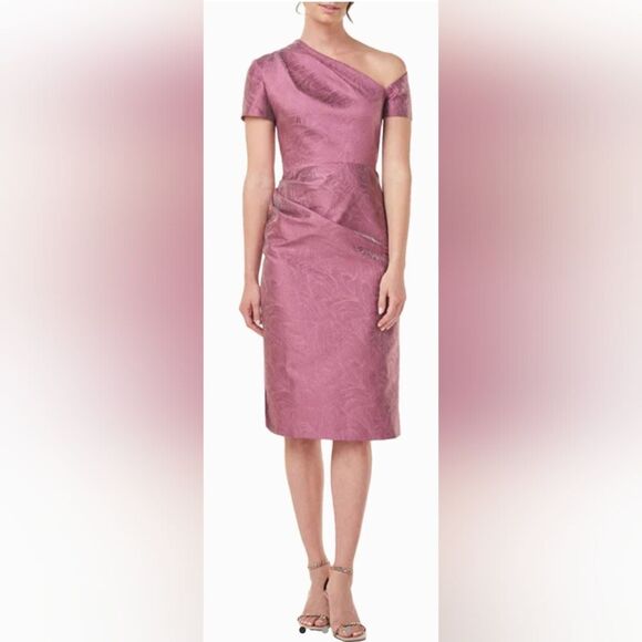 KAY UNGER CAITLYN JACQUARD CUT-OUT ASYMMETRIC MIDI DRESS NWOT size 4 Pink - Picture 1 of 6